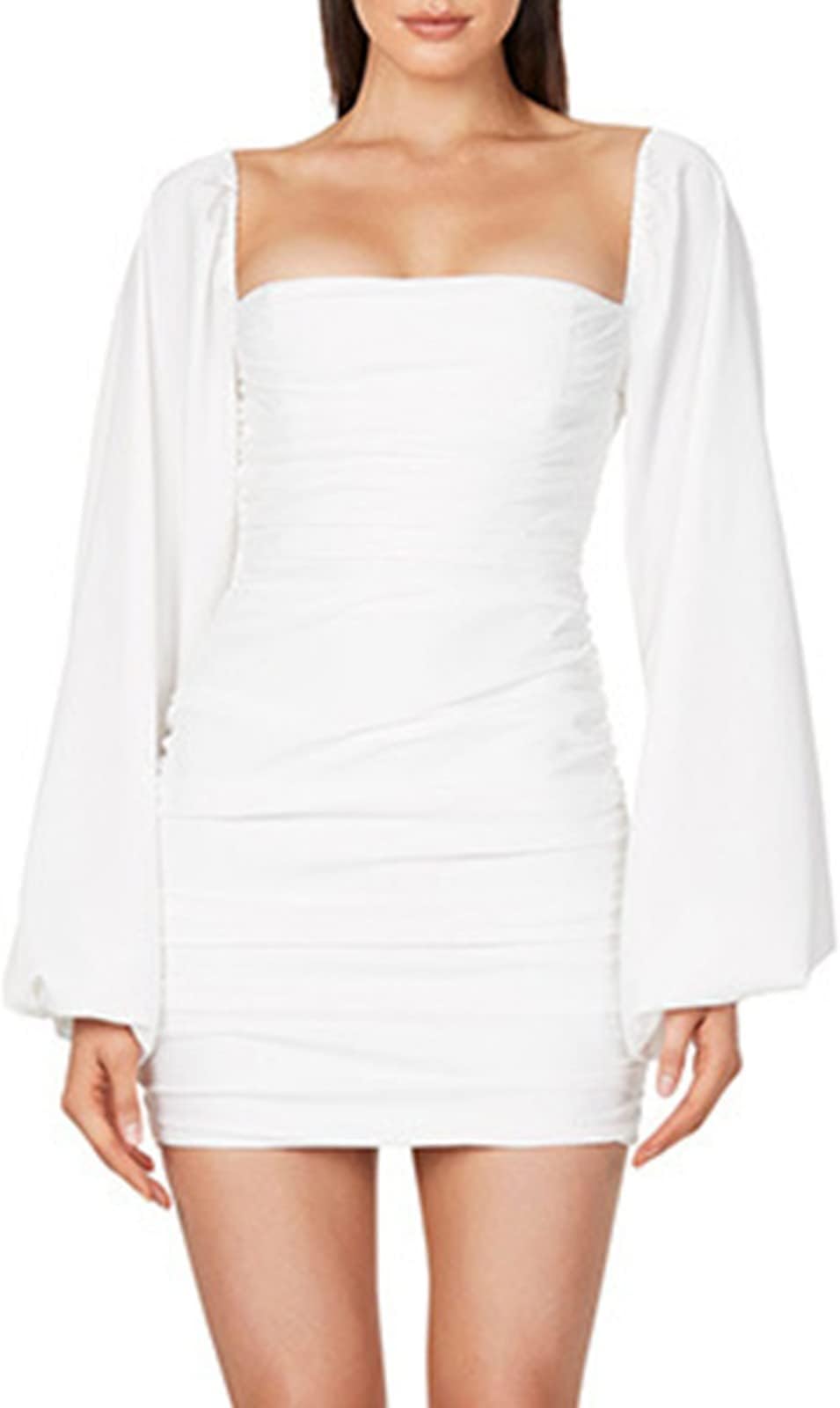 GenericCocktail Dress for Women Solid Color Elegant Long Sleeve Hip Bag Fashion Mini Dresses Sexy Classy Wedding Night Party Dress