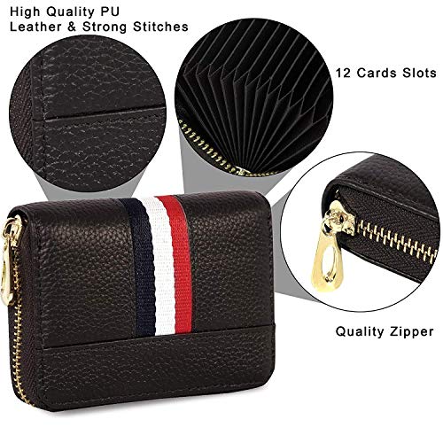 Image of HIGH TRUSTED Smart 12 Card Slots Leather Credit Card Holder, Small Zipper Card Case Wallet for Women & Men (Black)