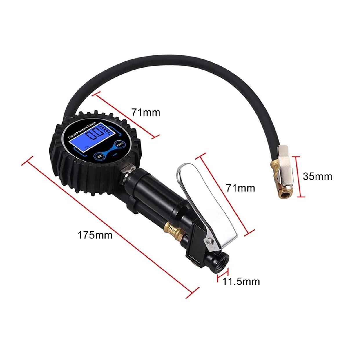 Inflador de neumáticos Digital 0-200PSI con manómetro con 4 Tapas de válvula Indicador de inflado de neumáticos de Acero con Manguera de Goma