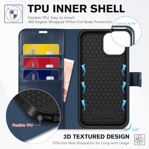 Image of TUCCH Wallet Case for iPhone 13 (6.1 inch) 2021, 3 Card Slots, Dark Blue | RFID Blocking, Viewing Stand, Shockproof TPU Shell, PU Leather, Magnetic Closure, Protective Folio Flip Cover
