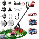 4-in-1 Akku Rasentrimmer mit Bürstenlosem Motor, 12 Zoll Schnittbreite, Abnehmbares Hilfsrad, 2 x 3,0 Ah Akku, 4 Klingentypen, 20000 U/min Elektrischer Freischneider für Hof, Garten und Gehwegkanten