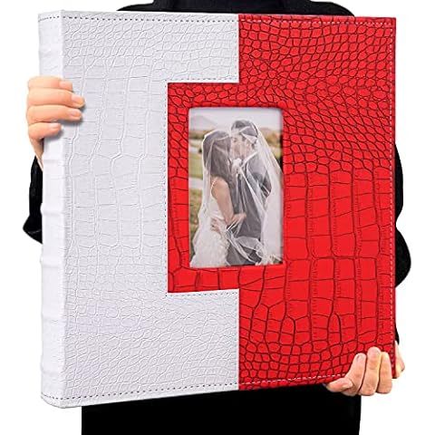 JIMBON Photo Album 4x6 600 Photos Extra Large Capacity Wedding Family Photo Albums, Leather 2-Color High-End Stitching Cover(Red White) Cover
