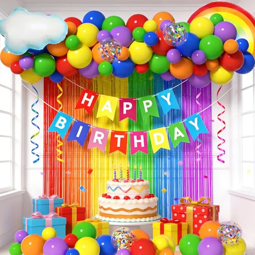Rainbow Party Decorations Set - Includes Birthday Banner Foil Fringe Curtains Rainbow Balloon Arch Kit & Foil Balloons for Birthday Bridal or Baby Shower Decorations