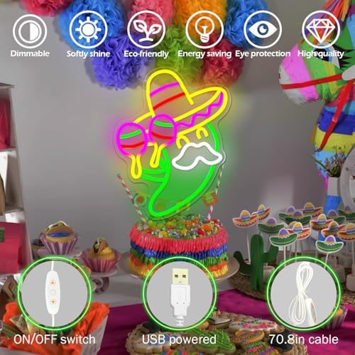 Image of Mexican Neon Sign Cinco De Mayo Led Sign Dimmable Fiesta Party Neon Lights Taco Party Neon Light Sign for 5 De Mayo Mexican Party Decorations Gifts