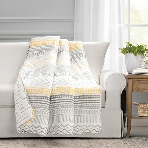 Lush Decor Hygge Geo Reversible Cotton Throw Blanket, 50' W x 60' L, Yellow & Gray - Throw Blankets for Bed - Couch Blanket - Scandinavian Throw Blanket for Couch