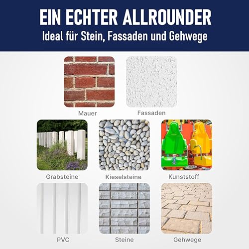 A.K.B. Steinreiniger und Fassadenreiniger S Konzentrat - 5L für 3000m² - Grünbelagentferner für Steine & Fassaden - Hochergiebiger Fassadenreiniger, Terrassenreiniger & Steinreiniger intensiv Aussen