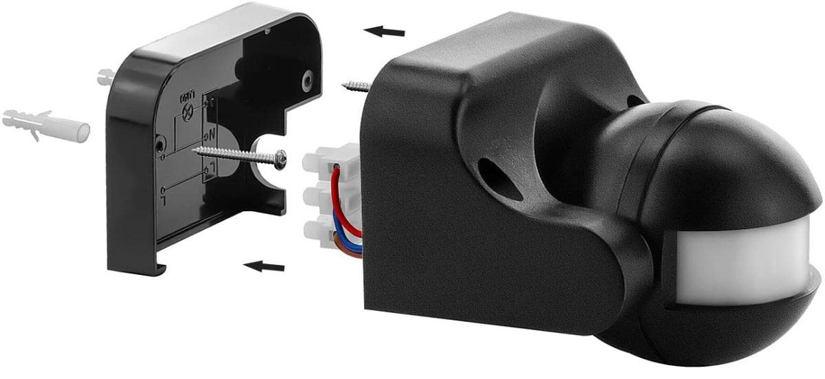 VELAMP MS005 - Sensore di Movimento per Luci Rileva Presenza con Portata 12m/180° Orientabile - Sensore Crepuscolare da Esterno e Interno Impermeabile IP44, Rilevatore a Parete LED Programmabile, Nero