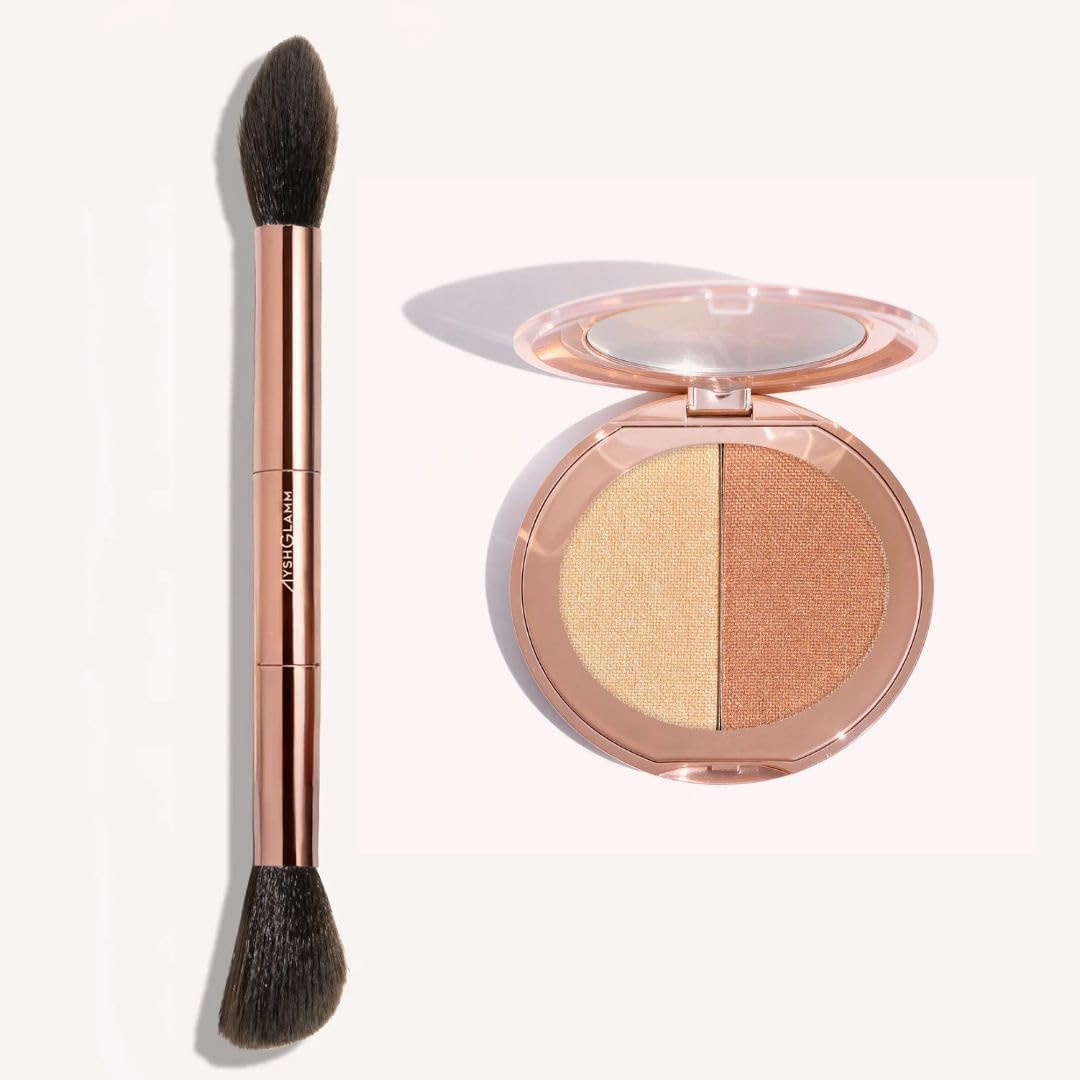 Ayshglamm | Kit Pinceau Gemini Touch & Duo Poudre Coucher de Soleil | Blush Pêche et Highlighter Doré Complémentaires | Glow Intense et Éclat Solaire