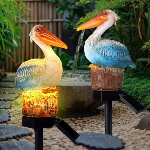 Leinuosen 2 Pack Solar Pelican Statues Stake Outdoor Garden Decor for Yard