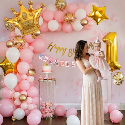Image of SpecialYou.in 1st Birthday Decoration for Baby Girl with Gold, Pink & White Balloons for Decoration, Crown, Star Foil Balloon, First Birthday Decoration for Baby Girl- 61 Pcs