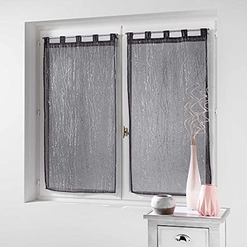 Douceur d'Intérieur, Pair of Tab Top Curtains (2 x 60 x 120 cm) Filiane Anthracite, Sandblasted Voile Applique, Lime Green
