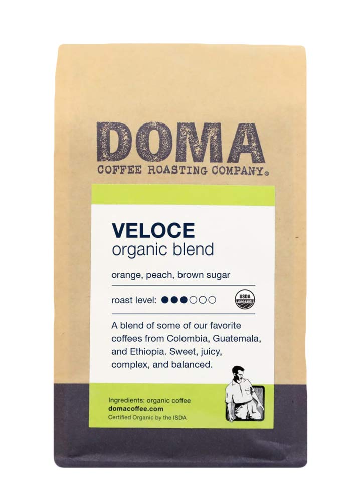 Doma Coffee Roasting Company "Veloce Organic Blend" Medium Roasted Organic Whole Bean Coffee - 12 Ounce Bag