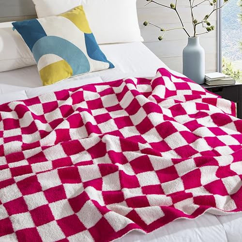 Image of Elegant Comfort Checkered Throw Blanket, Hot Pink Super Soft Cozy Fluffy Warm Throw Blankets for Couch, Sofa, Chair, Bed, Camping, Picnic, Travel Lightweight Bed Blanket (50 inch x 70 inch)