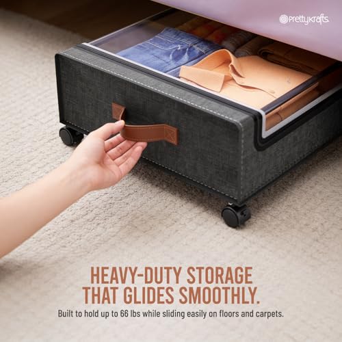 Image of PrettyKrafts Underbed storage box with wheels and lid Metal Frame Non-Woven Fabric use for home bedroom Rolling Organizer for Clothes Shoes Toys Blankets Space Saving Solution (Pack of 1), Grey