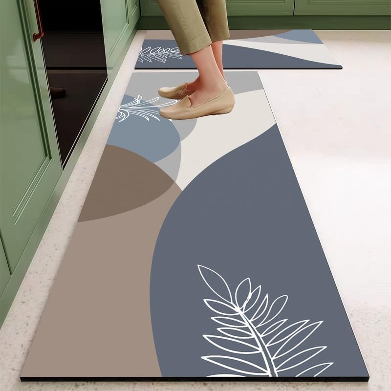 Image of Kitchen Rugs and Mats, Non-Slip Washable Rubber Backed Kitchen Mat Set, Stain and Wear Resistant, Low Pile Kitchen Rugs, Decorative Floor Mats for Home and Kitchen (Set of 1) (Leaf MAT)