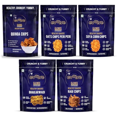 Image of Evolve Chips Combo - Healthy Snacks for Kids, Adults | Baked Bhakarwadi, Ragi & Oats Chips, Quinoa Chips, Soya Corn | Fresh, Roasted, No Artificial Colors - 100g Pack of 5