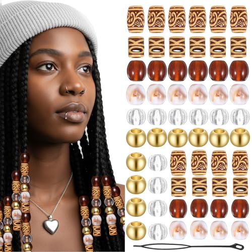 60 Pcs Wood Hair Beads for Braids Exquisite Brown Beads for Hair Beautiful Round Hairs Jewelry Accessories for Women Girl Men Cuffs DIY Bracelets Necklace Braids