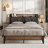 ONBRILL Queen Bed Frame with Side Storage Shelf, Ergonomic Upholstered Headboard with Charging Station, Queen Size Platform Bed Frame, Metal Slats Support, No Box Spring Needed, Easy Assembly, Black