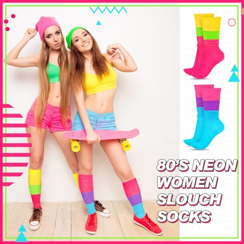 Neon Slouch Socks,80s 90s Neon Women's Leg Warmers Extra Long Slouch Socks Soft Scrunch Knee High Sock for Neon Party(Rose, Neon Green, Neon Yellow)3