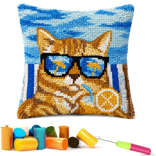 Image of EMISTEM Latch Hook Kits for Adults - Latch Hook Pillow Kits, Crochet Yarn Kit for Beginners, Cross-Stitch Embroidery Cushion Cover Case with Printed Canvas. (Sunglasses Cat,17x17 inch)