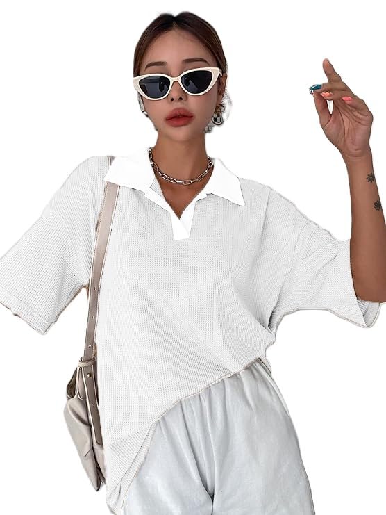Image of Zilcon Womens Half Sleeve Oversized Tshirt for Woman Trendy Casual V Neck Summer Collared Preppy Tops Fashion Loose Fitted Western Tops for Women Stylish