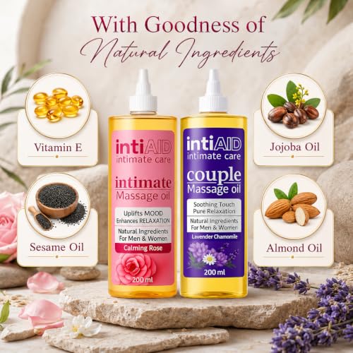 Image of Couple & Intimate Massage Oil Pack of 2 with Sensual Bliss of Lavender & Chamomile. Ideal for Couples Date Nights & Soothing Massage Experience. Non-Sticky Texture - 200ml Each