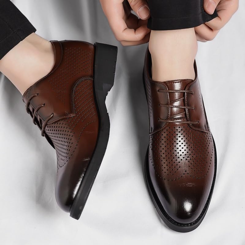 HOOENG Formal Shoes for Men Lace Up Pointed Burnished Toe Breathable PU Leather Derby Shoes Non Slip Block Heel Low Top Rubber Sole Slip Resistant Business(Color:Brown,Size:9)4