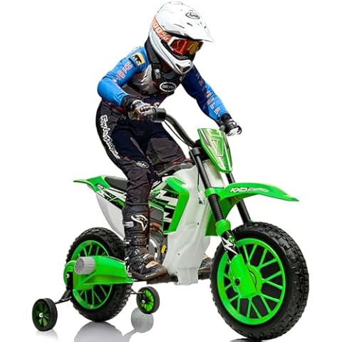 JOYLDIAS Kids Motorcycle Dirt Bike, 12V7AH Battery-Powered Ride On Motorcycle for Kids, Off-Road Street Bike w/Training Wheels, Spring Suspension, High/Low Speeds, Green Cover
