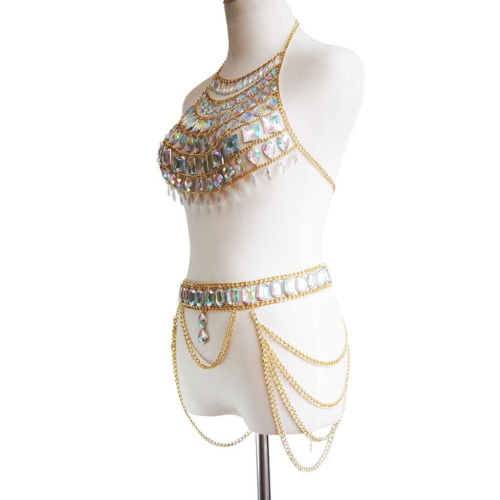 Colorful Gems Body Chain Chest Chain Bra Waist chain Sparkly Rhinestone Bikini Chest Jewelry Lingerie Woman Sexy Nightclub Clothing (Golden)