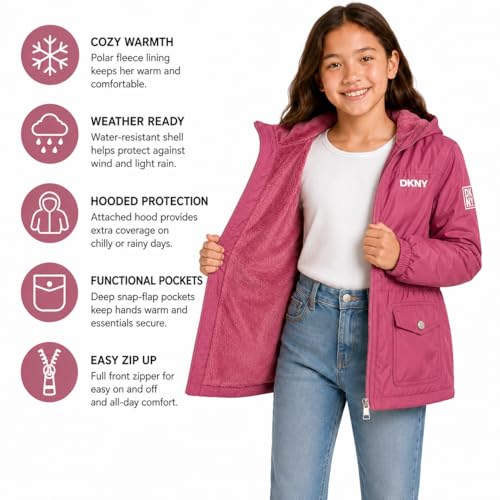 Image of DKNY Girls Midweight Jacket - Cozy Sherpa Fur Lined Water Resistant Hooded Anorak Windbreaker Zip Up Jacket for Girls