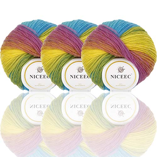 Image of NICEEC 3 Skeins 100% Wool Rainbow Yarn Soft Gradient, Self-Striping, Colorful Single Ply Yarn for Crochet & Knitting - 24#