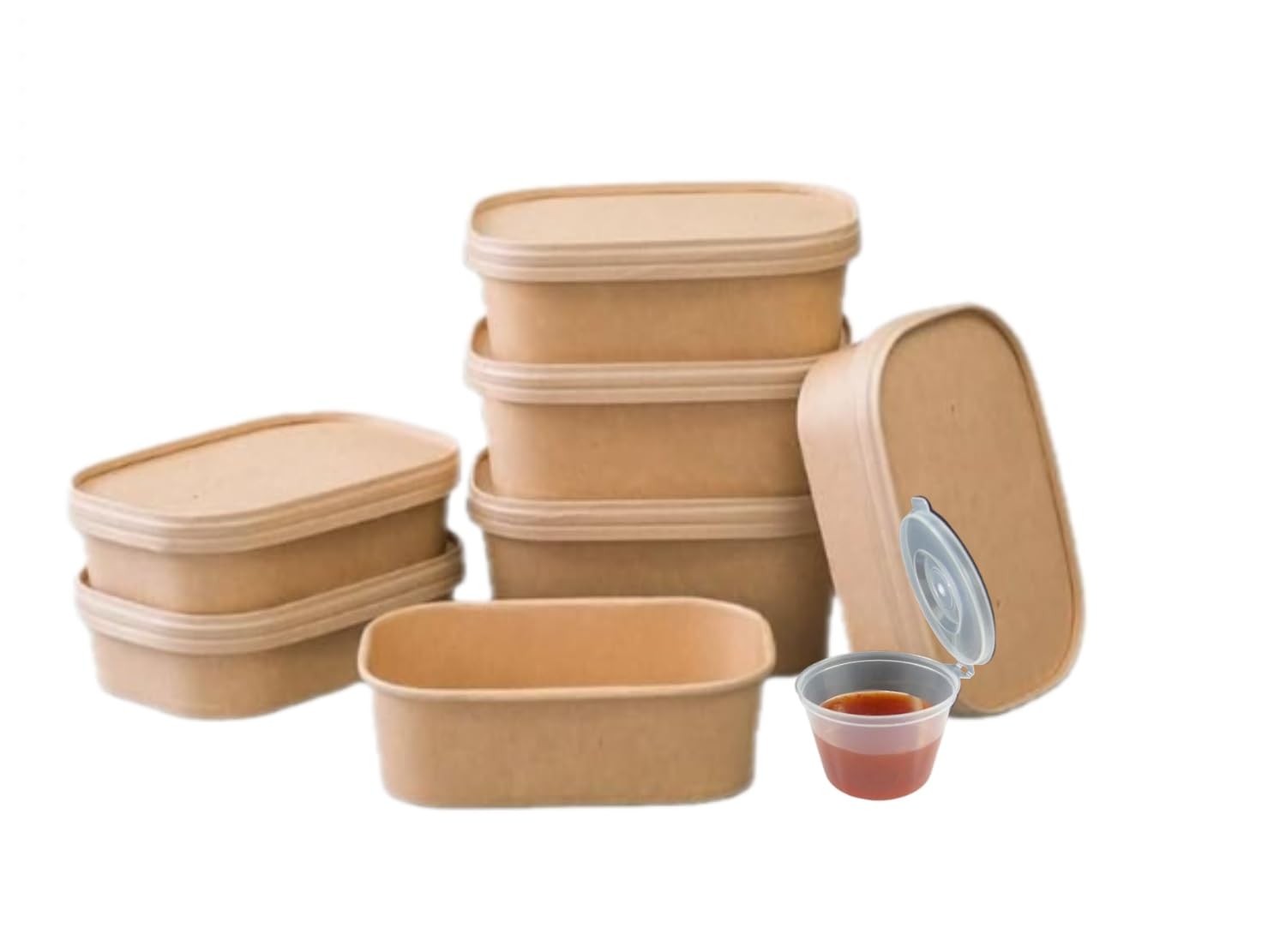 HOT BARGAINS 50 X 650ml Disposable Food Containers Kraft With Paper Lids + 50 X 2oz Hinged Lids Sauce Pots Takeaway Eco Friendly (650ml)