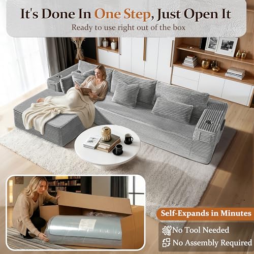 Image of 108 inch Oversized Cloud Sectional Couch, Comfort L Shaped Boneless Couch for Living Room, Extra Deep Seats No Assembly, Minimalist Modular Sofa, Corduroy (Light Grey, 2 Seater+Left Facing Chaise)