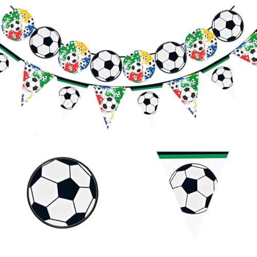 JRYXDS 1 Kit Décorations de Fête Football avec 10m de Corde & 16 Fanions (8 Ronds + 8 Triangulaires), Guirlande Personnalisable pour Anniversaire,...