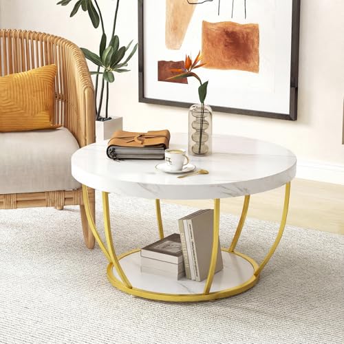 GOPLUS Table Basse Ronde Faux Marbre à 2 Niveaux, Table d'Appoint Salon Ovale, Style Moderne avec Pieds Réglables, pour Chambre et Bureau, Charge 90KG, D.80...