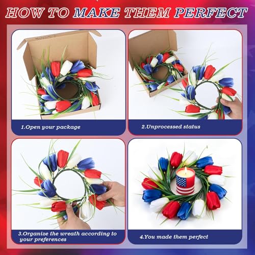 Image of 4 PCS 4th of July Candle Rings Wreaths Patriotic Tulip Silk Memorial Day American Flag Floral Candle Rings Holder with Red White and Blue Flower for Independence Day Labor Day Table Centerpiece Decor