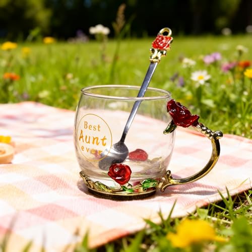Image of Flower Teacup, (With Spoon + Lid), Fancy Tea Cups, Flower Tea Cup, Gifts for Women,Mother's Day Present，Gift Box. (Aunt, 12 oz)