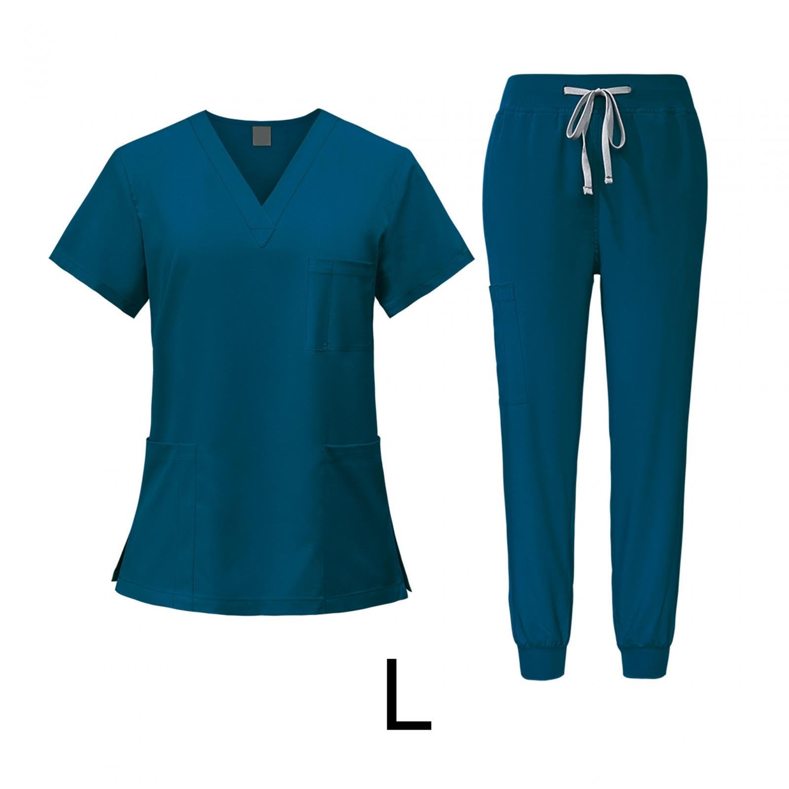 Harilla Peeling-Set für Frauen, Krankenschwester-Arbeitskleidung -Ausschnitt, professionelles maschinenwaschbares Oberteil und Jogginghose, Blau, l