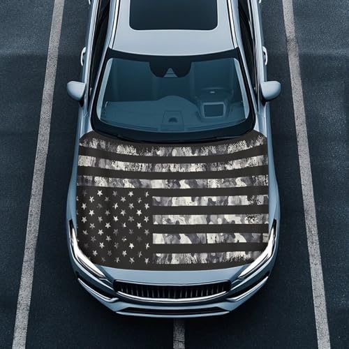 Image of Black Camo American Flag Car Hood Cover Polyester Elastic Fabrics Can be Washed Suitable for Large SUV and Pickup Trucks
