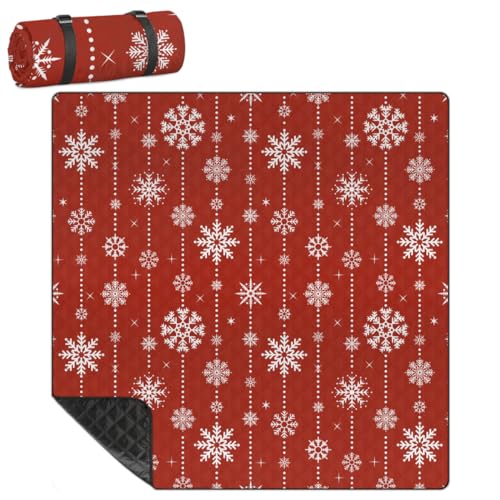 Shimoshe Extra Large Picnic Blankets 79”x 79”, White Snowflakes On Red Background Waterproof Foldable Picnic Mat with Straps Portable Beach Blanket for Camping Park Grass Beach Indoor