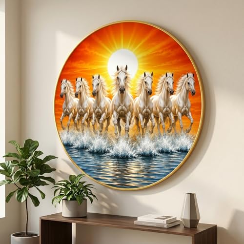 Image of SAF 7 Horse Vastu Round Wall Painting with Premium PVC Golden Frame, White Running Horses Sunrise Water Art for Living Room Office Home Decor Gift (16 x 16 Inch) GRM-445