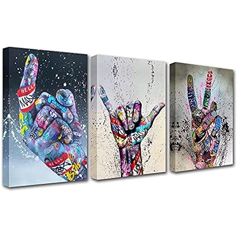 Walarky Graffiti-Banksy-Dekoration, Faust, inspirierende Finger, Kunstwerk, abstrakte bunte Gemälde, nordische Kunstwerke für Wohnzimmer, 3 Paneele auf Leinwand, gerahmt, fertig zum Aufhängen Cover