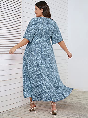 Image of SCOMCHIC Women Plus Size Maxi Dress Short Sleeve Wrap V Neck High Low Split Ruffle Long Dress