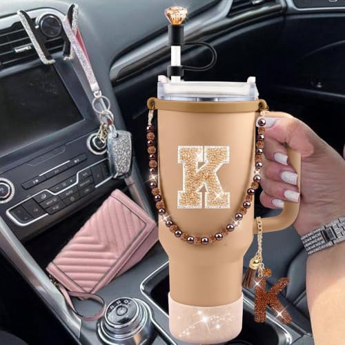 Hpebl 8PCS Brown for Stanley Cup Accessories 30/40 OZ Bling Rhinestones Initials Charms for Stanley Decorations Tumbler Accessories Set Including Diamond Straw Topper, Silicone Tumbler Boot(Letter T) - image 6