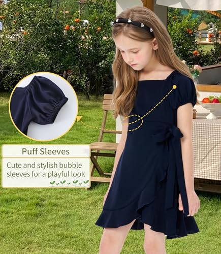 Girls Summer Bubble Sleeve Midi Dress with Ruffled Hem Square Neck Casual Flowy Sundress3