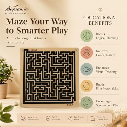 Image of SIGNAMIO Indoor Wooden Puzzle Game Square Maze Ball - Engaging Mind Games for Kids & Adults, Perfect Brain Teaser & Time Pass Activity, Ideal Wooden Board Game for All Ages
