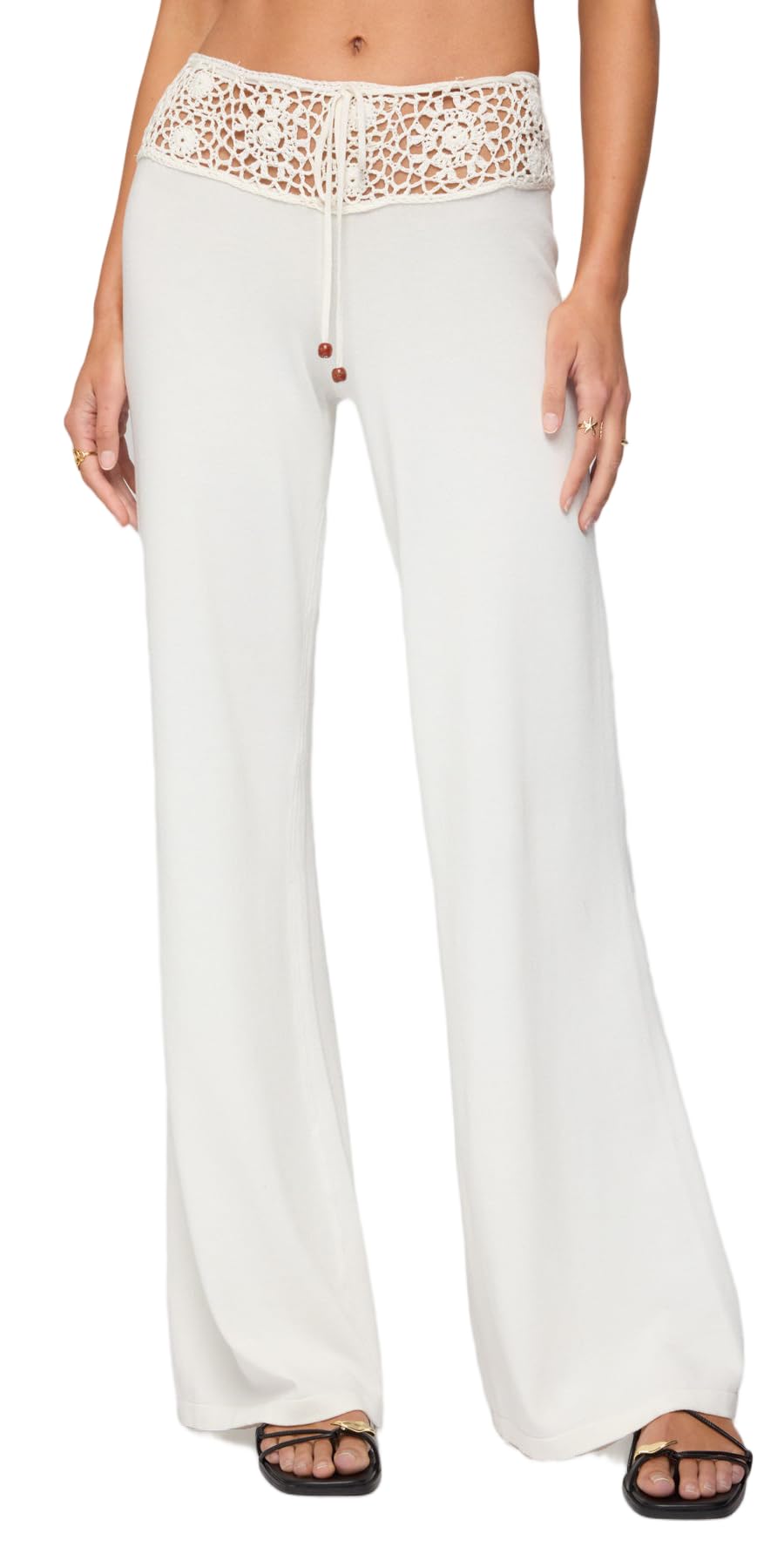 Women Summer Crochet Knit Pants Y2k Low Waist Drawstring Cover Up Pant Sexy Wide Leg Stretchy Hollow Out