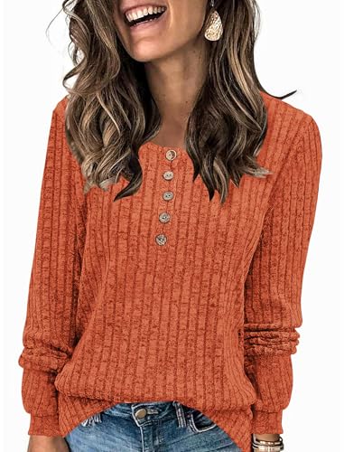 Women's Fall Long Sleeve Henley Shirts Button Down Ribbed Sweaters Casual Tunic Tops