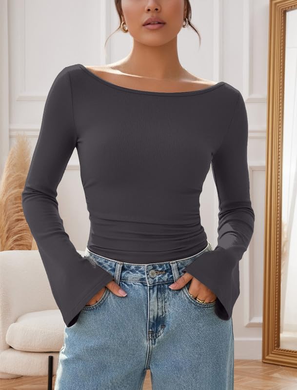 Elegancka damska koszulka z długim rękawem, dekolt w łódkę, z rękawami z dzwoneczkami, wąski top Y2K, basic, luźny sweter, slim fit, długi rękaw, jednokolorowa, z długim rękawem, na jesień