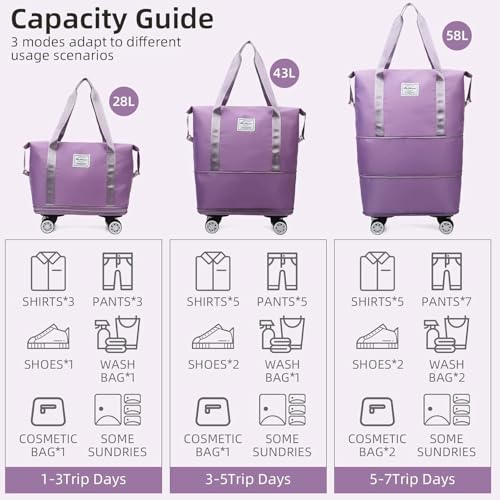 Image of Rolling Duffle Bag with Wheels, Expandable Foldable Travel Duffle Bag with Telescopic Handle, Portable Wheeled Luggage Bag for Travel, Lightweight Foldable Suitcase Bag for Men & Women (Purple)